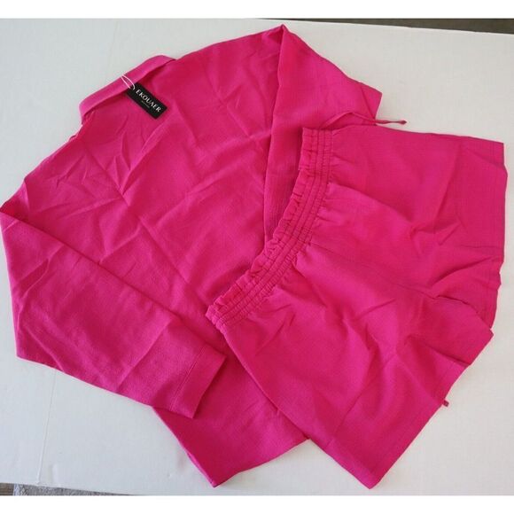 Ekouaer Womens Sz XL Hot Pink  2-Pc L/S Button Down Drawstring Shorts Lounge Set - Picture 2 of 7
